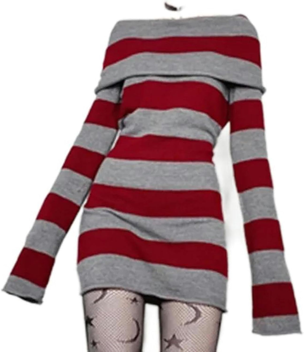 Y2K Randig Tröja Mini Klänning Mall Goth Grunge Emo Bodycon Chic Dam Off-shoulder Full Sleeve Slim Fit Klänningar 00s Vintage