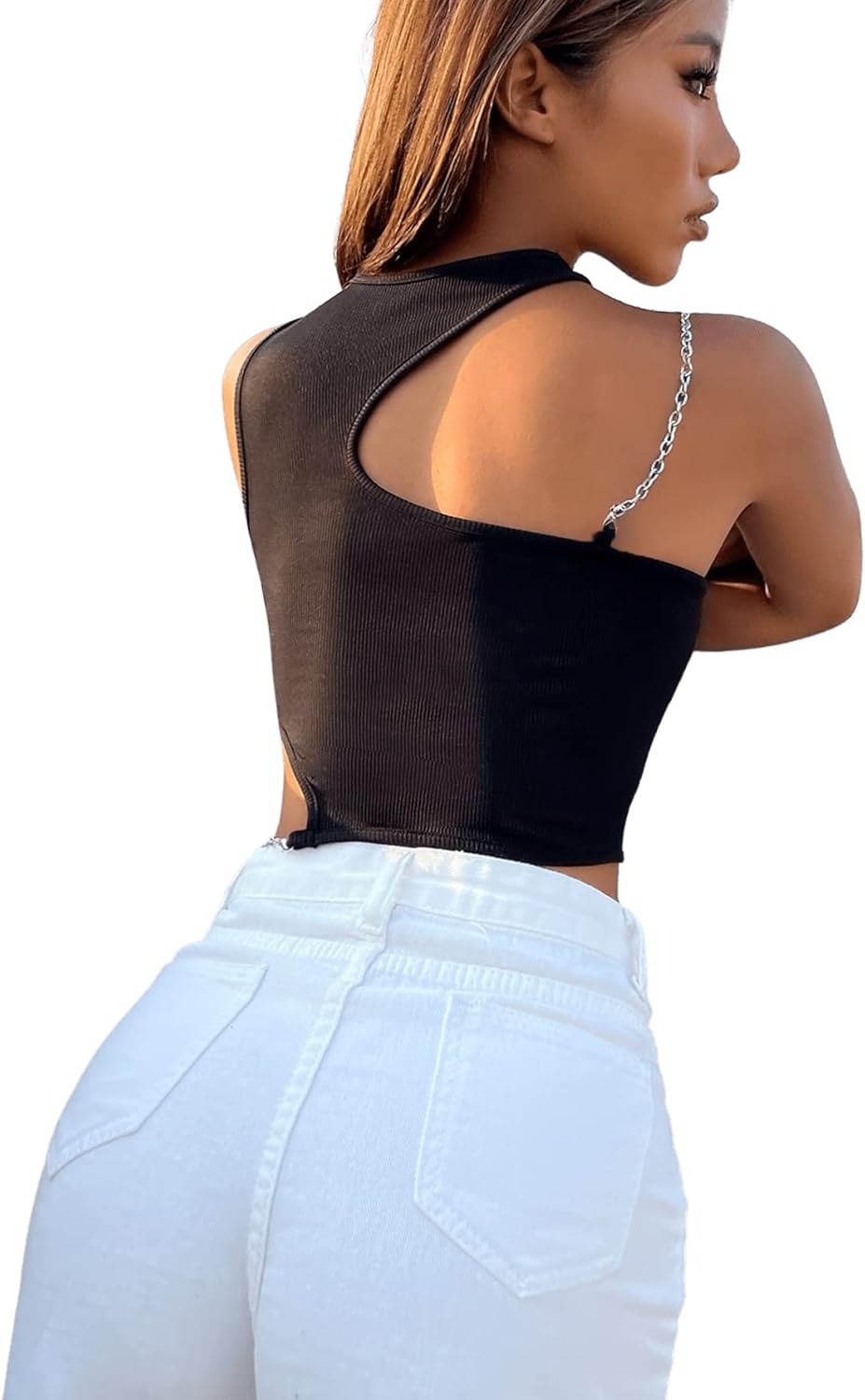 GORGLITTER Cut Out topp damer, sexig crop top med kedjor Y2k crop tops, ribbstickad t-shirt, asymmetrisk crop top