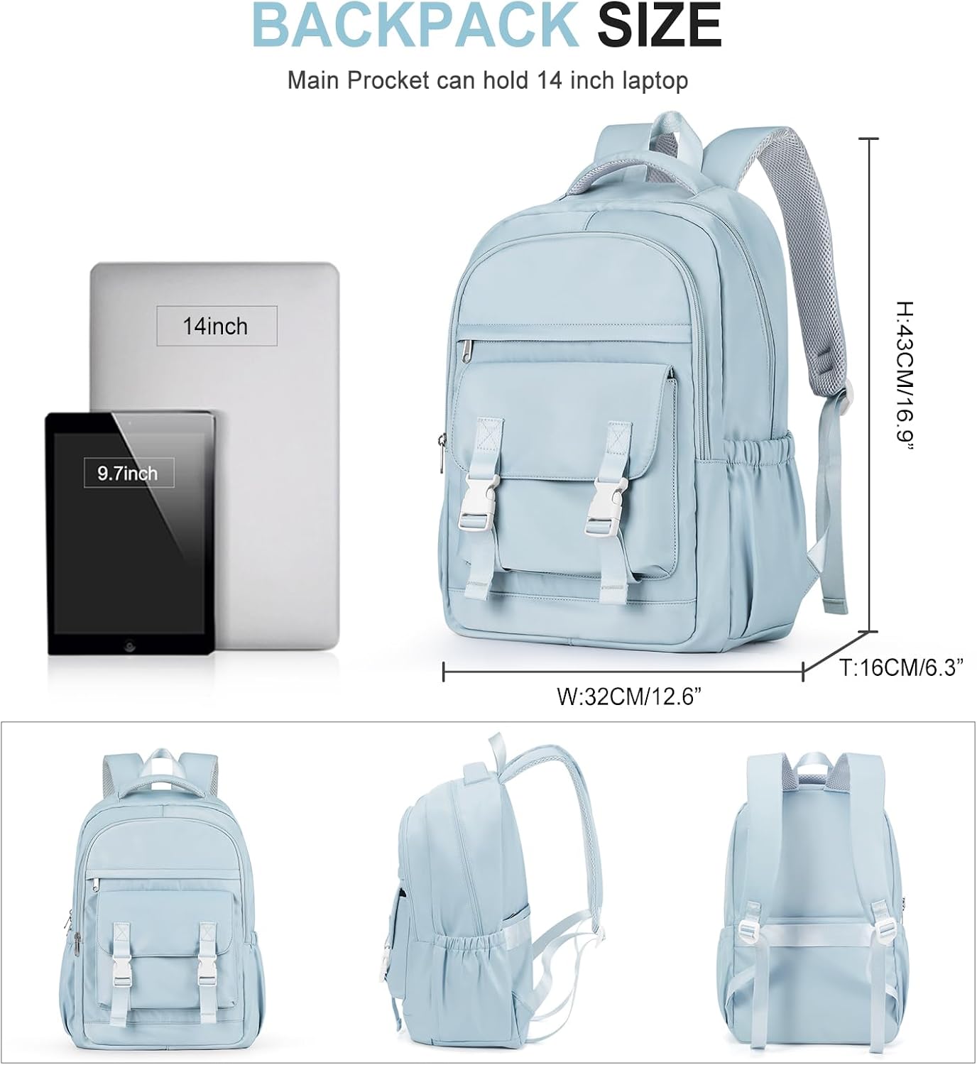 HYC00 Skolryggsäck Flicka Skolväska Lätt Ryggsäck Tjej Tonåring Bokväskor Skola Skolväskor Pojkar Laptop Ryggsäck Dam 14 Tum College Bag Fritidsryggsäck för Kvinnor Casual Dagsryggsäck,Blå