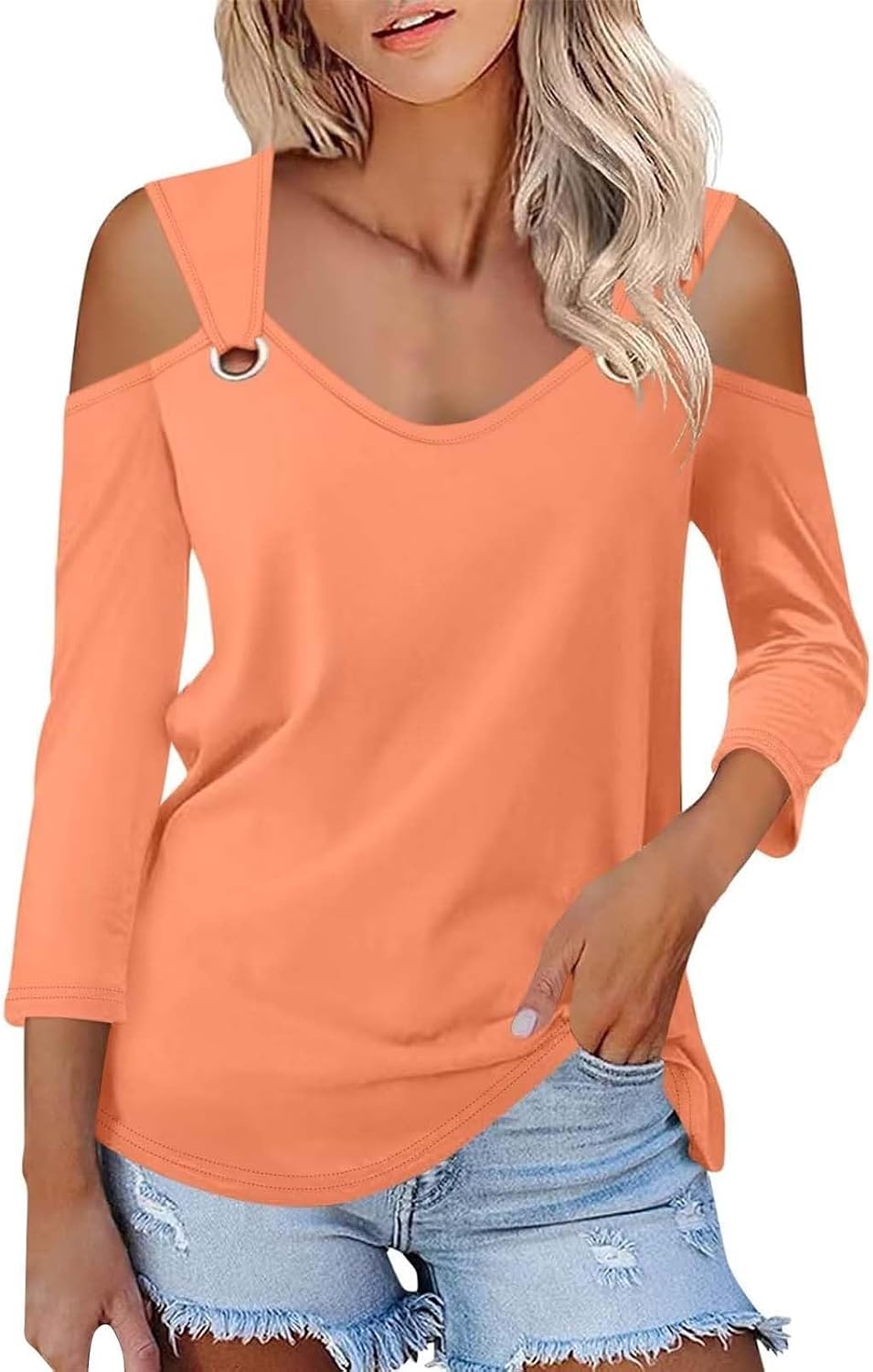 Enfärgad T-shirt för kvinnor, V-ringad och 3/4-ärmar i smal passform, sommarskjortor, topp, axellös, blustopp, toppar, eleganta fritidsskjortor, tryckt strandskjorta, t-shirt, stor storlek
