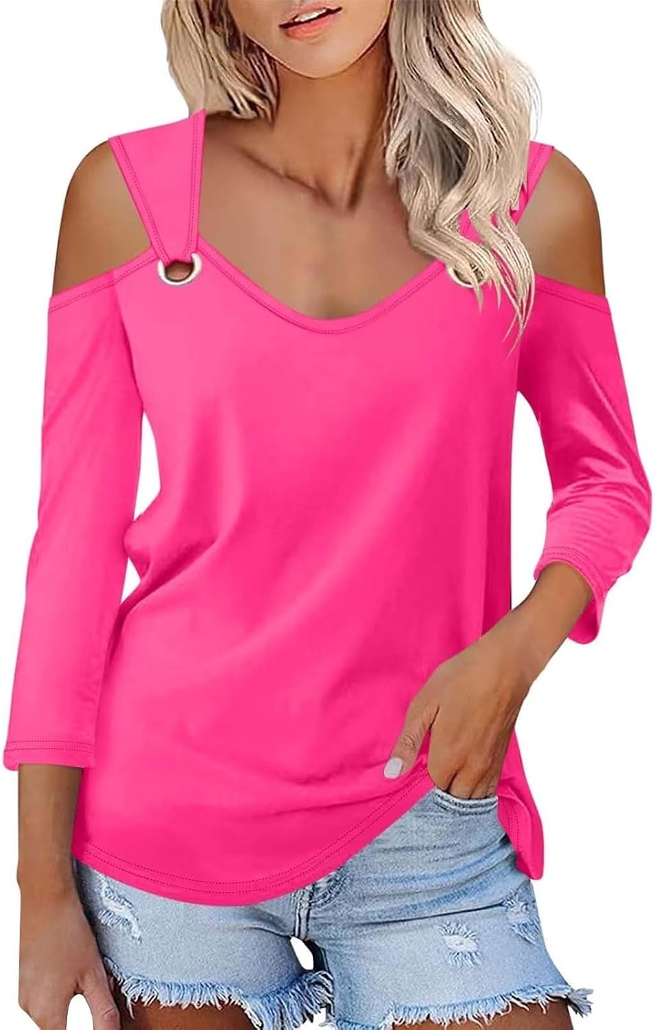 Enfärgad T-shirt för kvinnor, V-ringad och 3/4-ärmar i smal passform, sommarskjortor, topp, axellös, blustopp, toppar, eleganta fritidsskjortor, tryckt strandskjorta, t-shirt, stor storlek