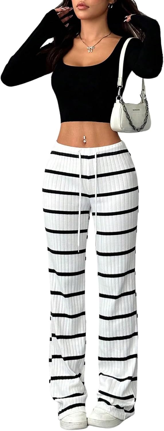 SOLY HUX Dambyxor, randiga sommarbyxor, långa utsvängda byxor, leggings med dragsko, fritidsbyxor, drop midja, jogging, casualshorts, sommarkläder
