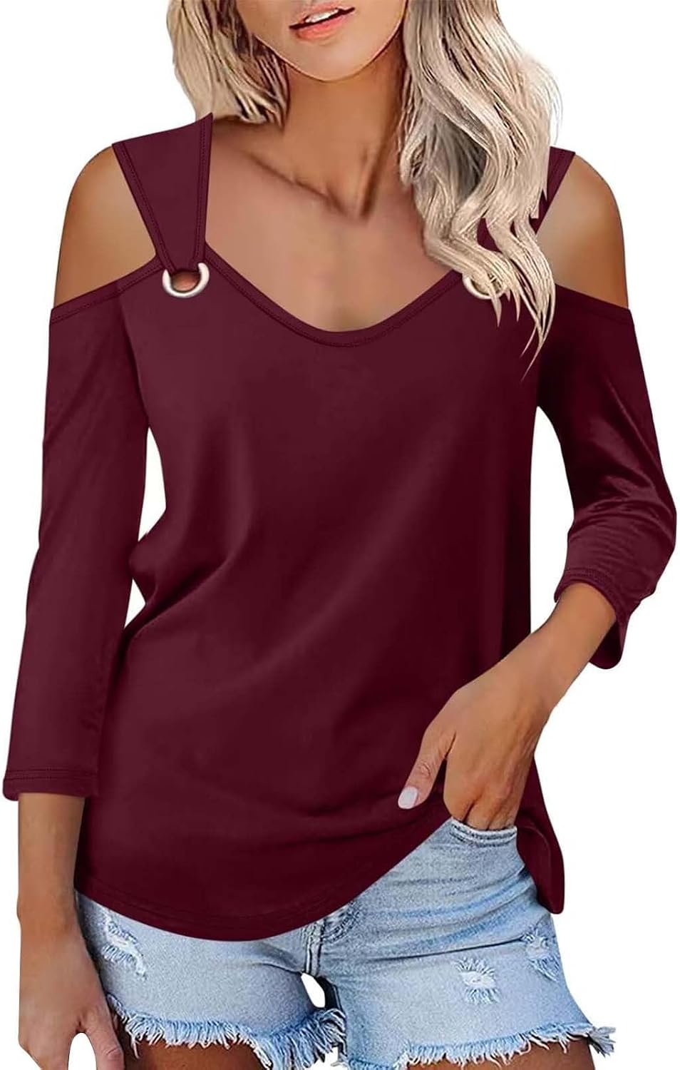 Enfärgad T-shirt för kvinnor, V-ringad och 3/4-ärmar i smal passform, sommarskjortor, topp, axellös, blustopp, toppar, eleganta fritidsskjortor, tryckt strandskjorta, t-shirt, stor storlek