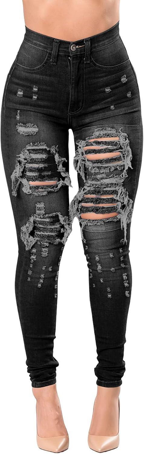 Dam Skinny förstörda rippade hål denimbyxor lång stretch pennjeans hög midja jeans