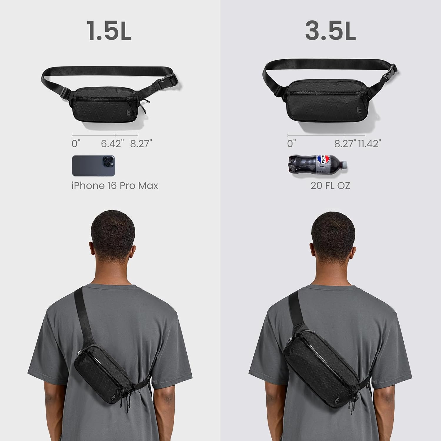 tomtoc 1,5 l crossbody väska med RFID-skydd, liten unisex axelremsväska, sling bag, lätt, vattentät sling bag, för utomhusresor, svart