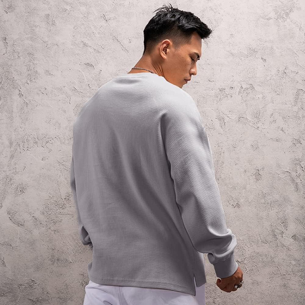 Muscle Alive Basic långärmad våffeltröja för män lös passform träning pullover rund hals skjorta