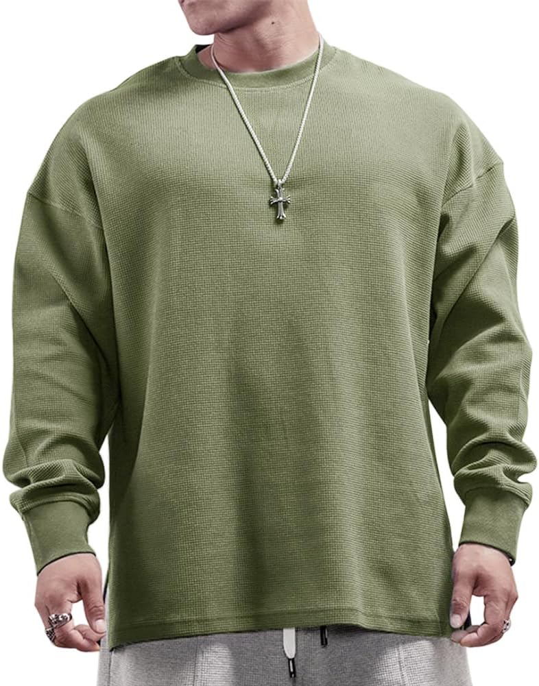 Muscle Alive Basic långärmad våffeltröja för män lös passform träning pullover rund hals skjorta