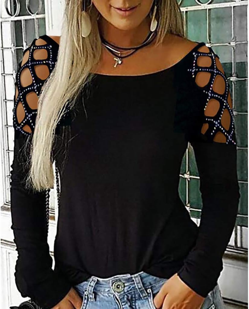 Kanpola sweatshirt damer glänsande diamant långärmad blusskjorta vår sommar toppar tunika toppar sexig ihålig tröja kvinnor skjorta blus lös avslappnad t-shirt, svart, M