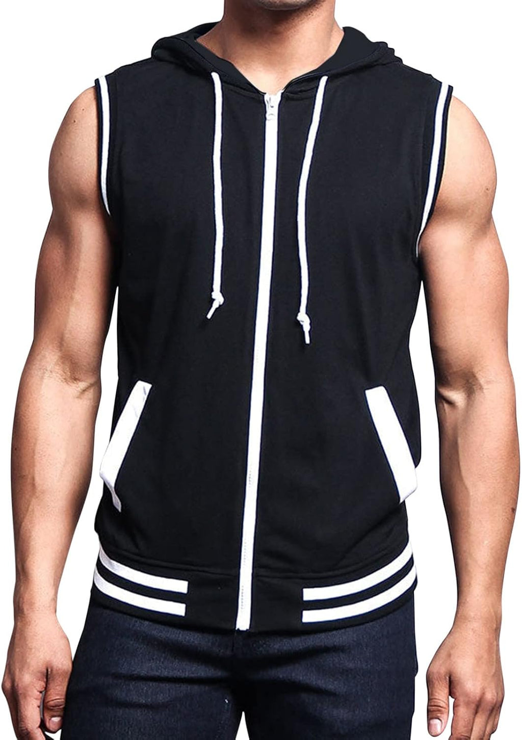Sport huvjacka för män, tanktopp, huvtröja, gym, fitness, ärmlös huvtröja, muskelskjorta med dragkedja, ärmlös huvtröja för män med fickor, ledig tankskjorta med huva, sommarväst