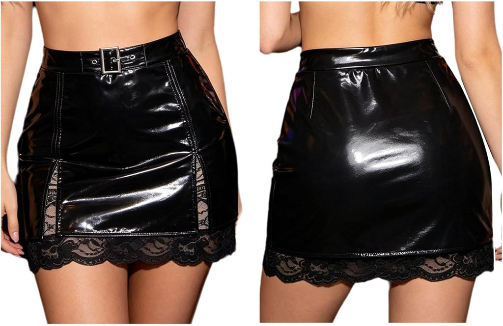 Hansber Dam Skrygga Metallisk Zip Up Split Skirt Bodycon Teddy Vinyl Stretch Miniskirt Pvc Våt Utseende Leather Clubkläder