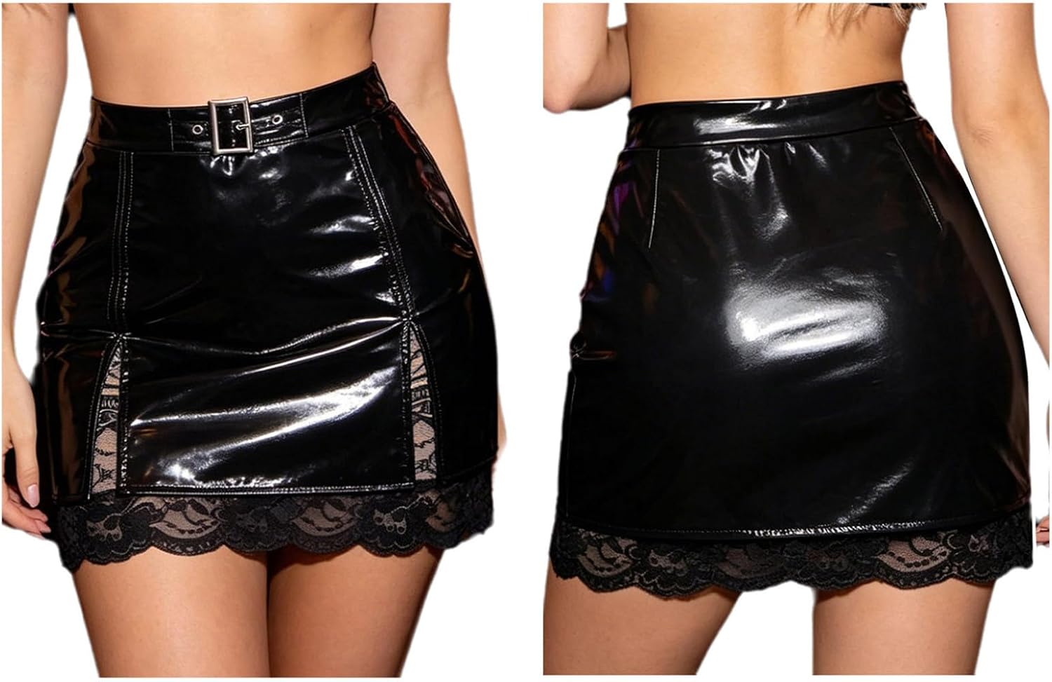 Hansber Dam Skrygga Metallisk Zip Up Split Skirt Bodycon Teddy Vinyl Stretch Miniskirt Pvc Våt Utseende Leather Clubkläder