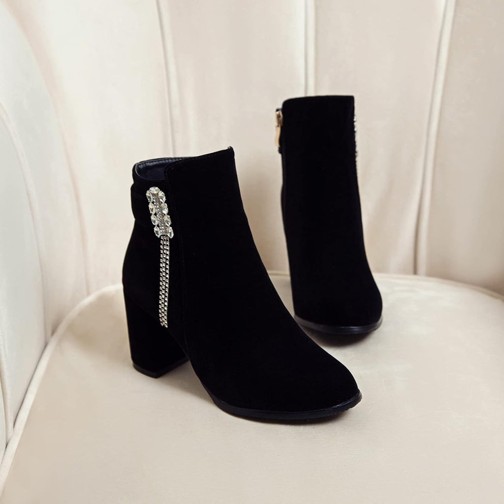 Dammode tofs stövlar, ankelstövlar med tjock klack och strass
