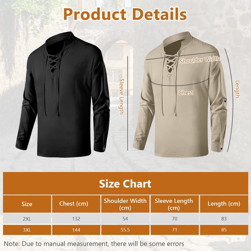 Medeltida skjorta herr piratskjorta långärmad fritidsskjorta herrskjorta 100 % bomull traditionell retrostil skjorta medeltida kostym viking halloween riddarskjorta renässans herrskjorta 2XL-3XL