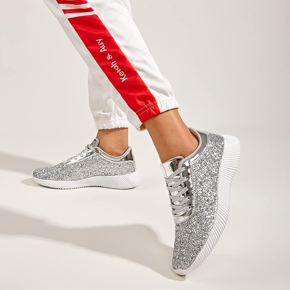 LUCKY STEP Briljanta sneakers för kvinnor med strass och metallpaljetter, lätta tennisskor