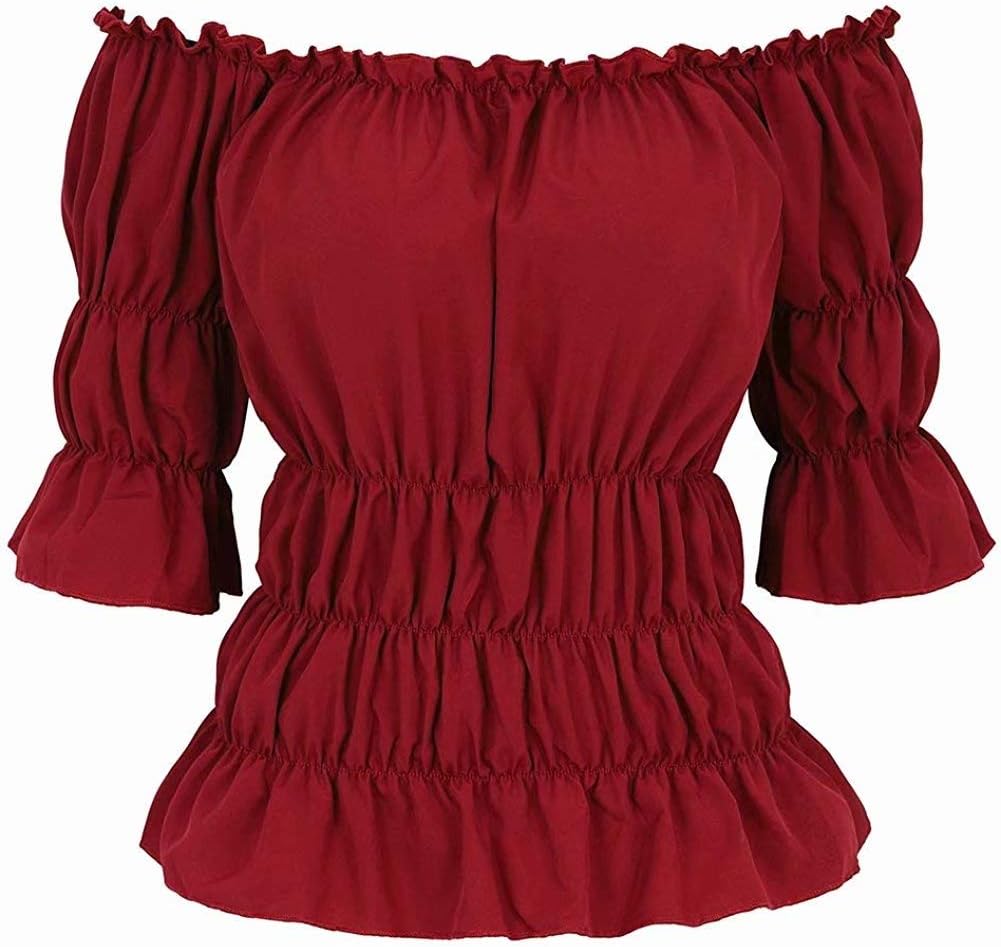 Blusar för kvinnor Off The Shoulder Renaissance Toppar Medeltida piratskjorta Gothic Smocked Boho kort ärm