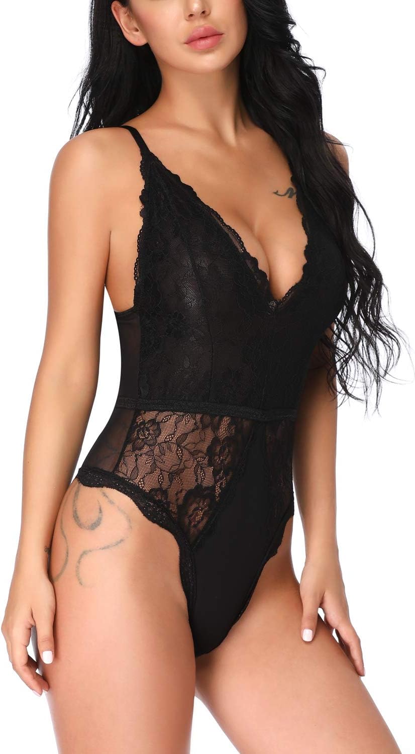 EVELIFE Dam Sexiga Teddy Underkläder One Piece Spets Babydoll Bodysuit med Djup V-ringad