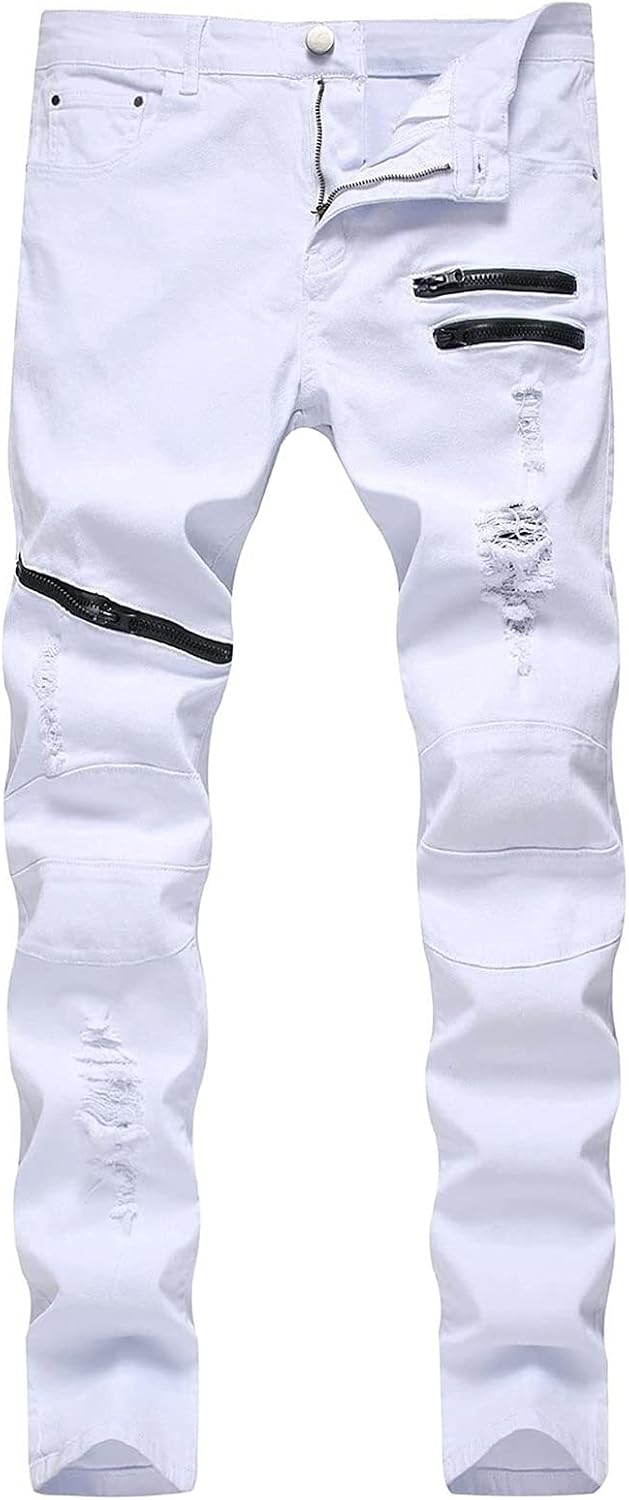 Mäns rippade jeans slim fit jeans för skinny rippad motorcykel mode tryckt bekväm stretch denim jeans byxor