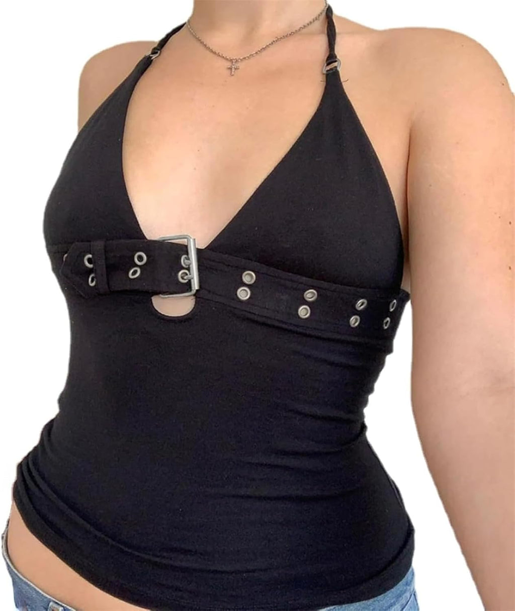 Emo Alt Goth Grunge linne, Y2k spaghetti rem linne toppar, sommar gotiska kläder rygglös väst