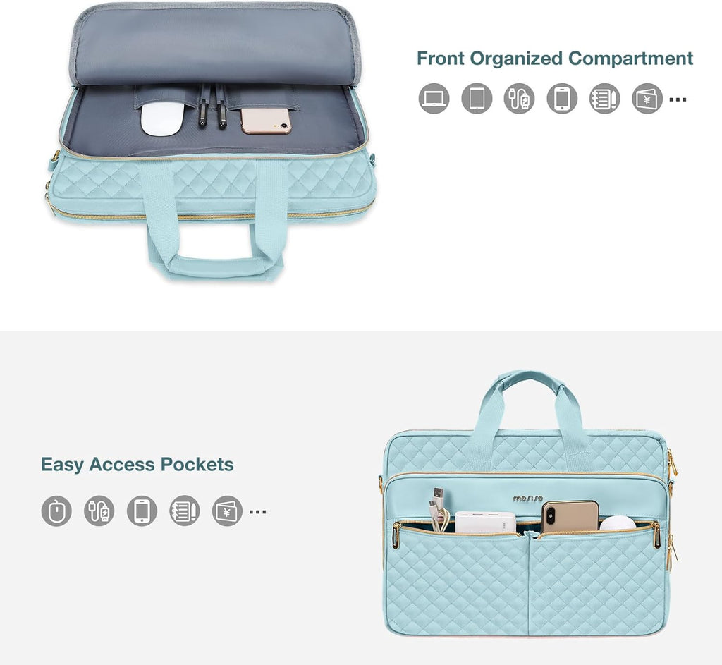 MOSISO Laptopväska, laptopväska, axelväska, dam, portfölj, handväska, kvadratisk quiltad laptopväska, axelväska, kontor, resor, affärer med 3 fickor och remmar