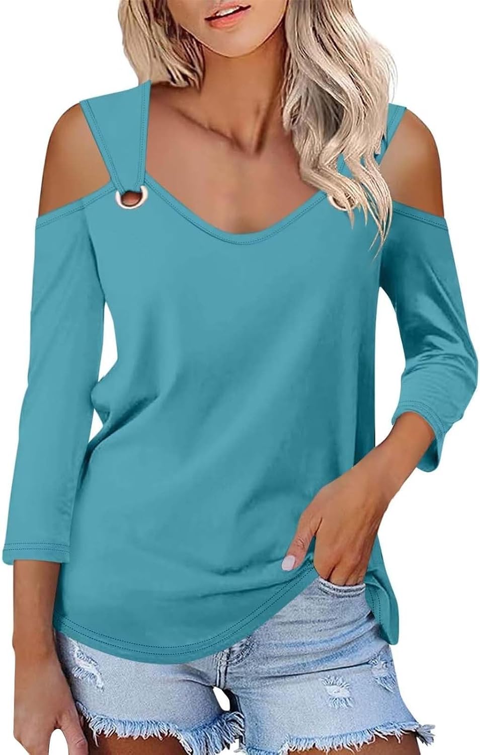 Enfärgad T-shirt för kvinnor, V-ringad och 3/4-ärmar i smal passform, sommarskjortor, topp, axellös, blustopp, toppar, eleganta fritidsskjortor, tryckt strandskjorta, t-shirt, stor storlek