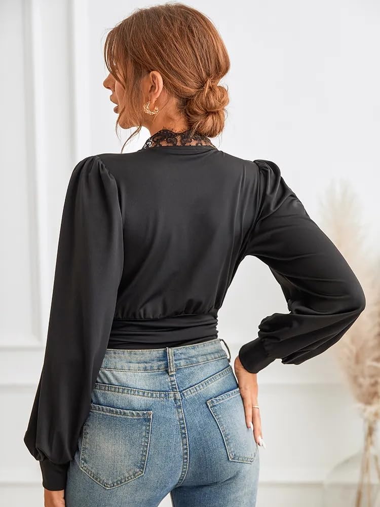 Dambody med spetsärmar, bodysuit djup V-ringning, spetstrimma, långärmad, chic, spetstopp, med spets, rygglös skjorta, stickad topp, elegant blus, topp, body skulptur