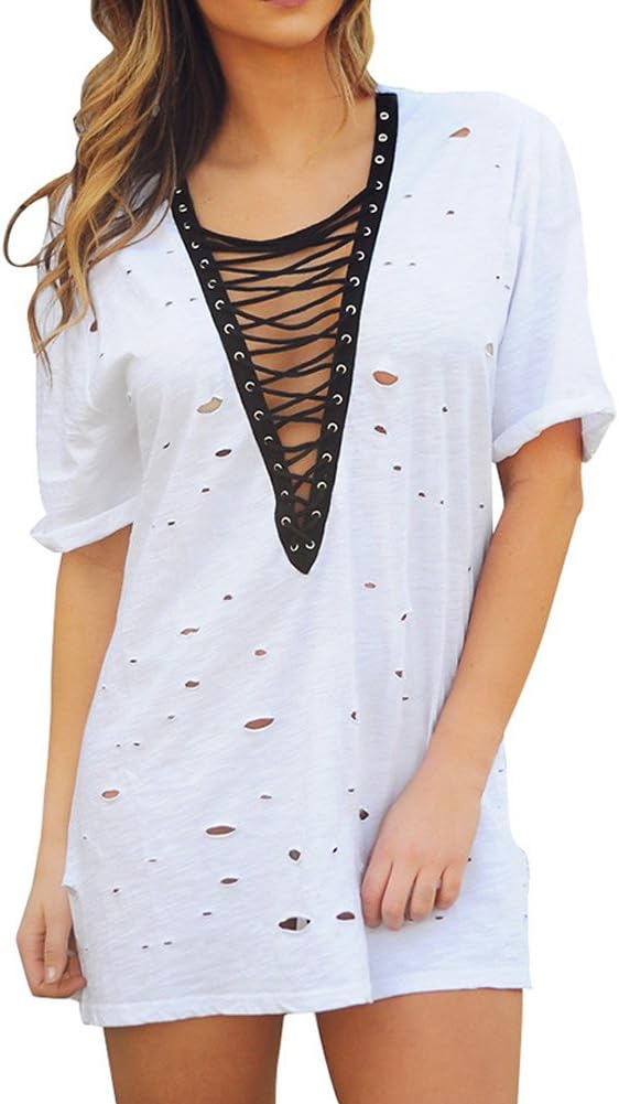 Uggla dam kortärmad T-shirt ripped casual tunika minitoppar klänning V-ringning topp blus stor storlek bandage enfärgad sommar, Vitt och blått, 44