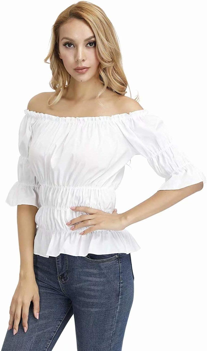 Blusar för kvinnor Off The Shoulder Renaissance Toppar Medeltida piratskjorta Gothic Smocked Boho kort ärm