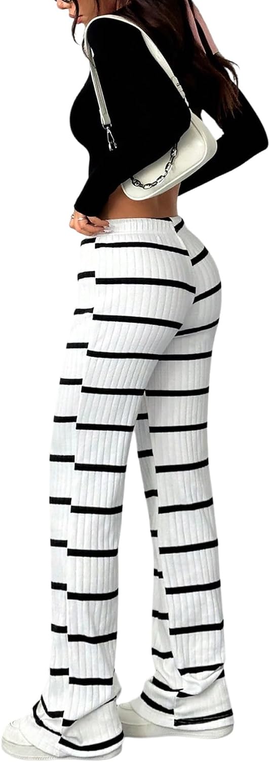 SOLY HUX Dambyxor, randiga sommarbyxor, långa utsvängda byxor, leggings med dragsko, fritidsbyxor, drop midja, jogging, casualshorts, sommarkläder