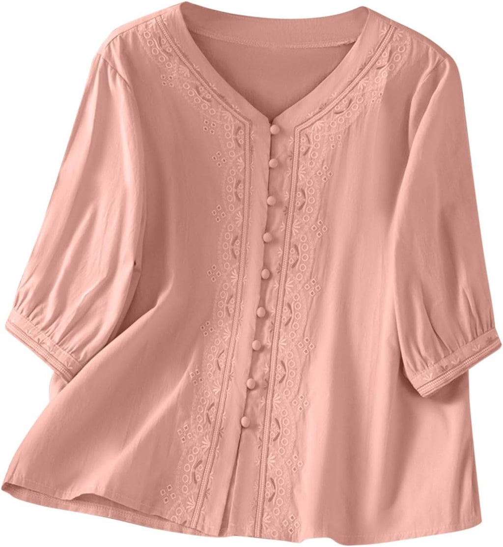 Kvinnors boho toppar bomull linne halvärm v-ringad retro broderade skjortor groda knapp kinesisk stil skjorta damer lös ledig sommar topp