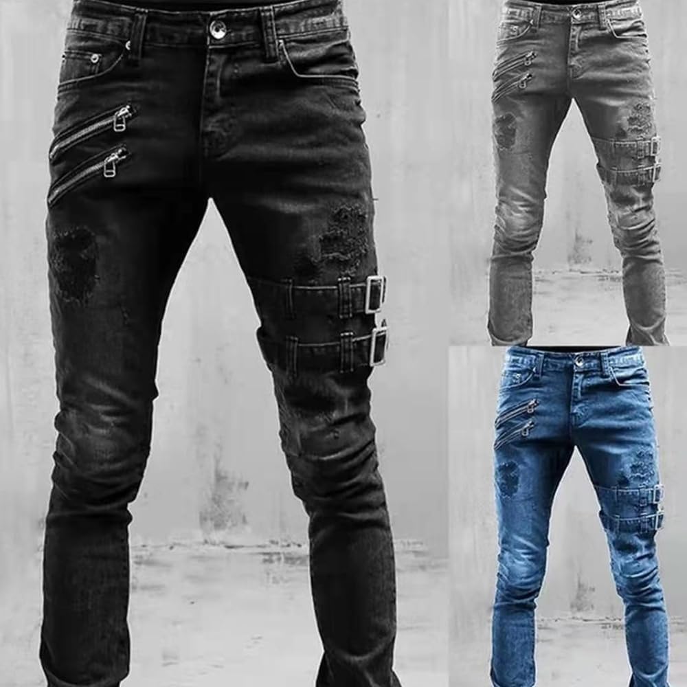 mäns motorcykel jeans dragkedja detalj stretch denimbyxor punk streetwear slim fit vardagsbyxor