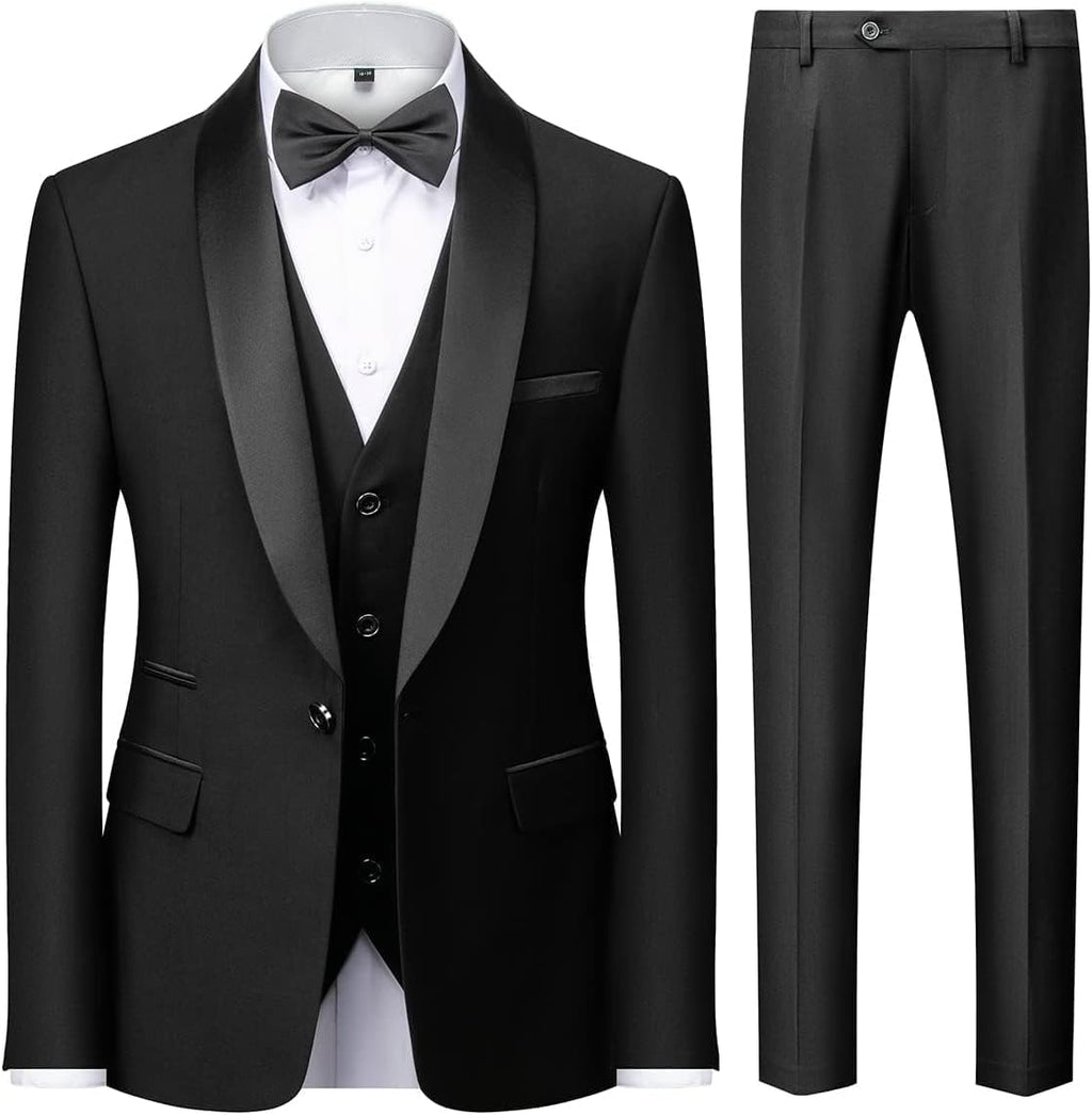Herrar 3 stycken kostym slim fit en knapp halsduk revers för bröllop bal kavaj väst byxor set