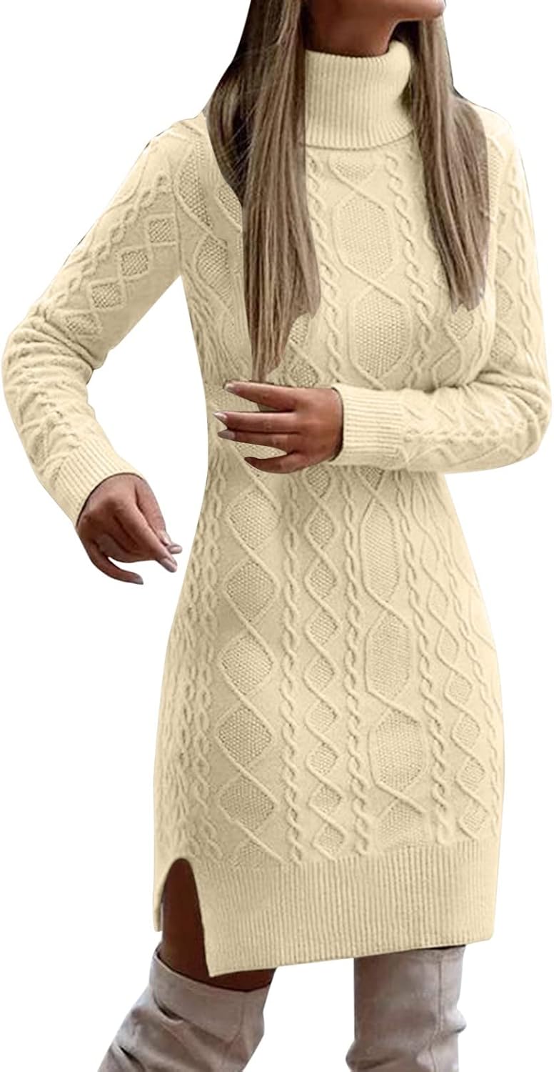 Damklänningar Stickad Slim Cut Långärmad Pullover Turtleneck Enfärgad Split Mellanlång Damkjol