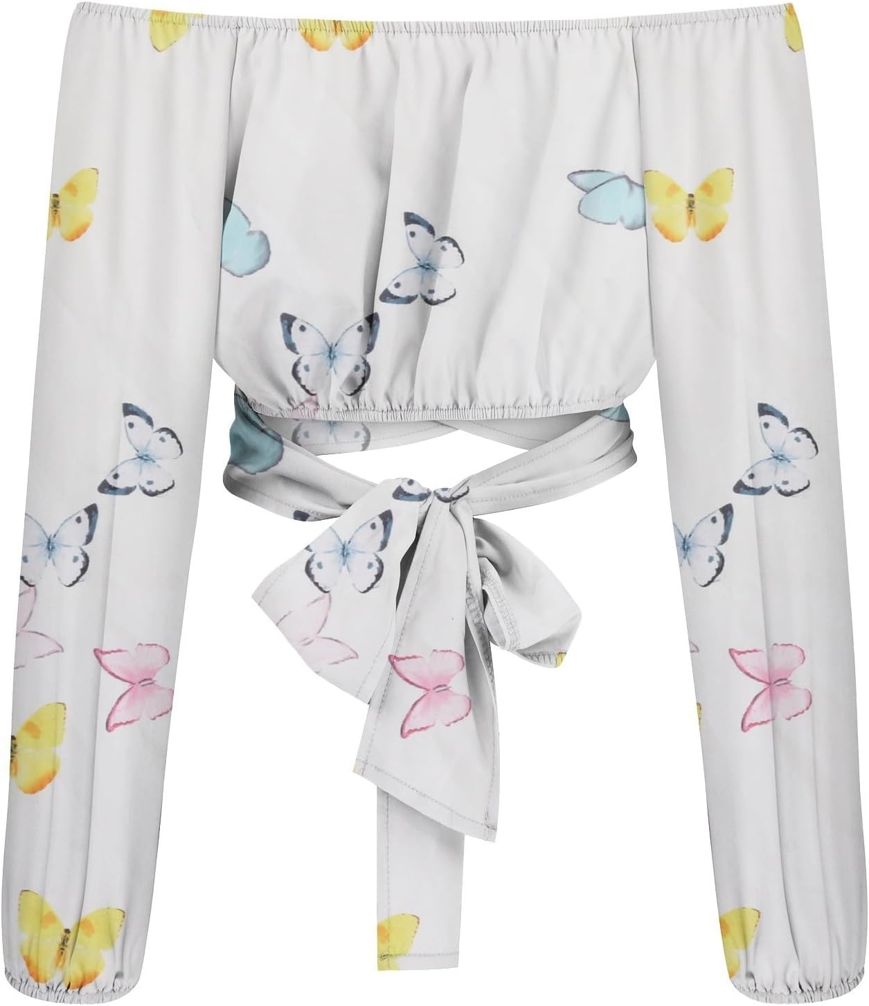 Off Shoulder Dam Crop Top Elegant Lanternärm Långärmad Rynkad Knytskärp Blus Sexy Shirt Semester Party Clubwear