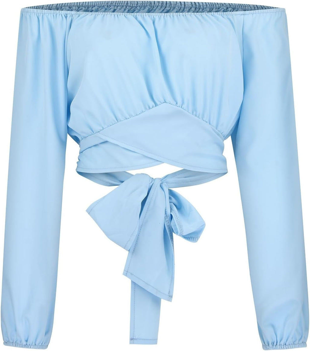 Off Shoulder Dam Crop Top Elegant Lanternärm Långärmad Rynkad Knytskärp Blus Sexy Shirt Semester Party Clubwear