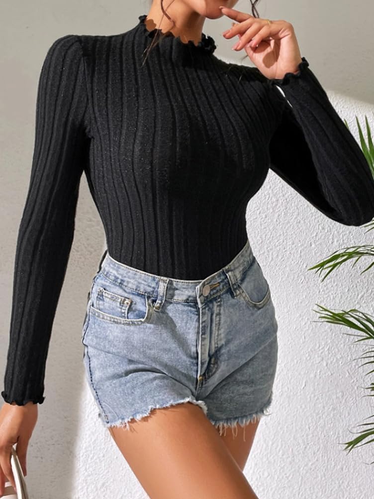 Generisk body damer långärmad elegant sexig basic stickad ribbad bodysuit jumpsuit tajt V-ringning polotröja dambody onepiece overall bodycon bodies bodysuit för kvinnor