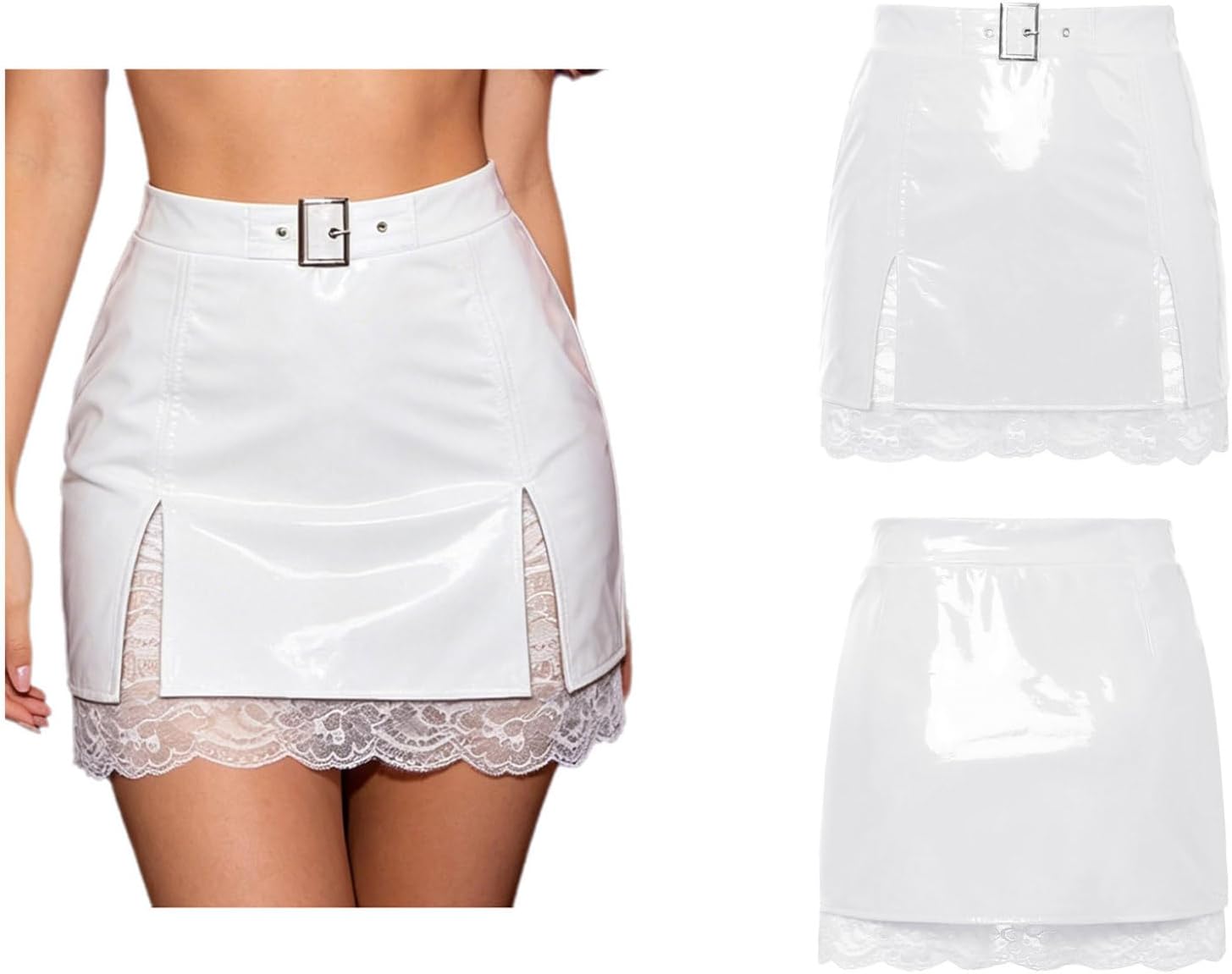 Hansber Dam Skrygga Metallisk Zip Up Split Skirt Bodycon Teddy Vinyl Stretch Miniskirt Pvc Våt Utseende Leather Clubkläder