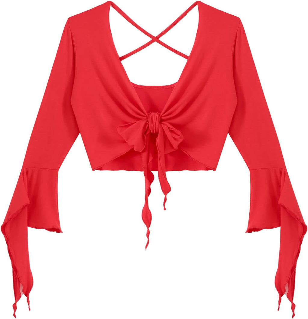inlzdz Dam magdans topp 3/4 ärmar magfri blus topp cardigan med tofsar långärmad bolero Shrug topp rygglös crop top axeljacka festlig magdans kostym