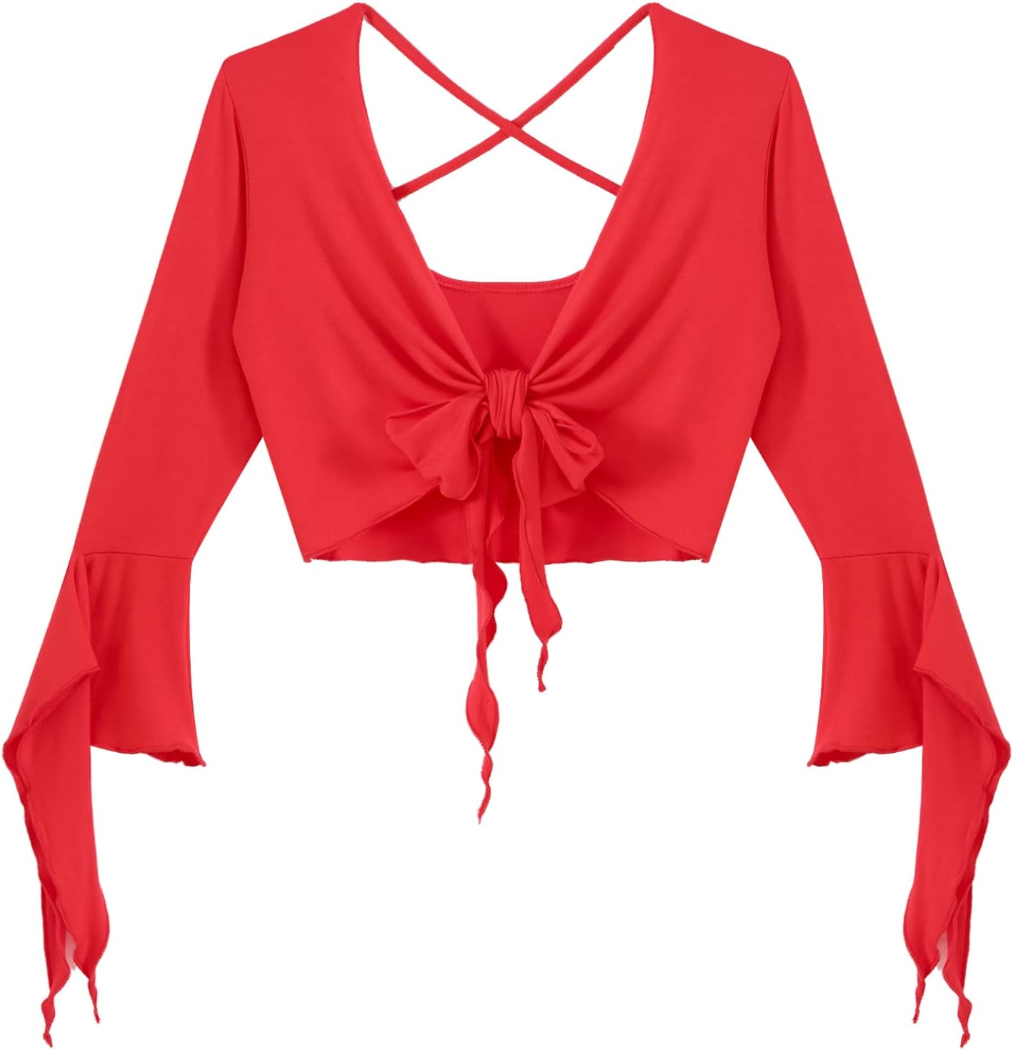 inlzdz Dam magdans topp 3/4 ärmar magfri blus topp cardigan med tofsar långärmad bolero Shrug topp rygglös crop top axeljacka festlig magdans kostym