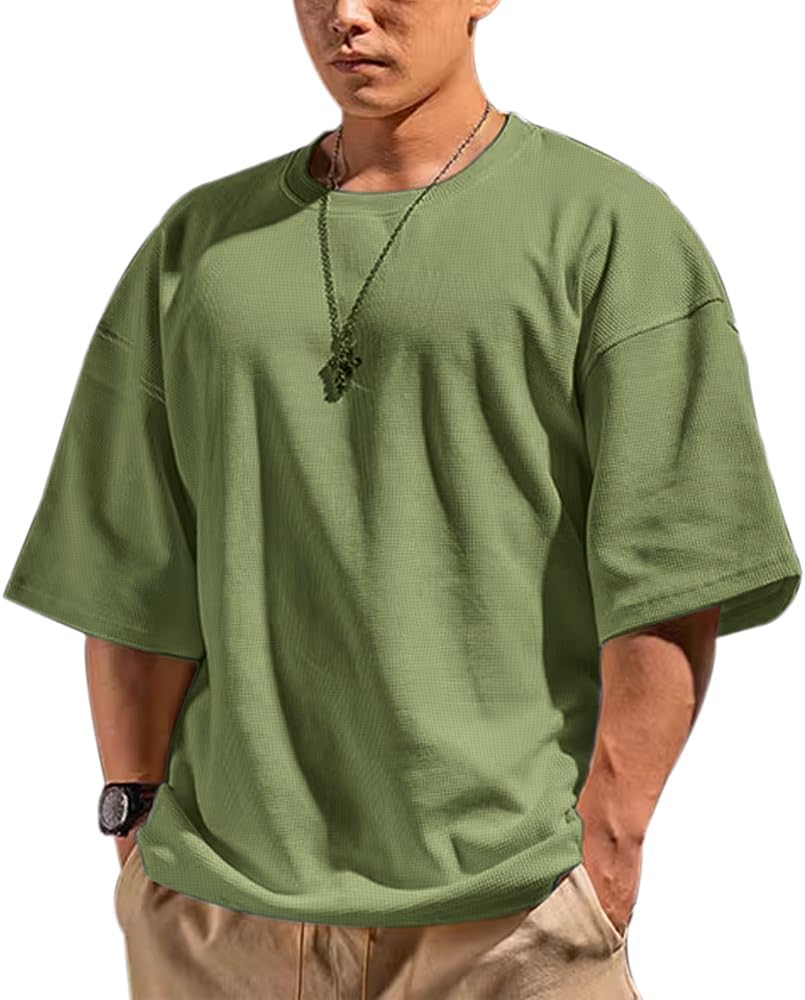 Muscle Alive Basic långärmad våffeltröja för män lös passform träning pullover rund hals skjorta