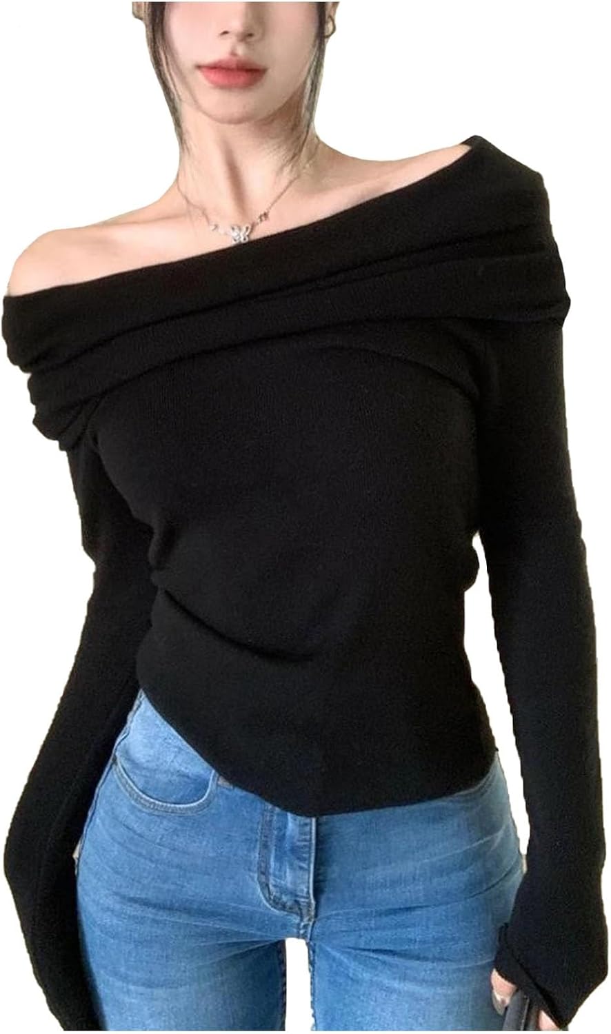 Off Shoulder-tröjor For Kvinnor Långärmade One Shoulder-skjortor Casual Dressy Blusar Sexig Slim Fit Club Shirt Crop Tops
