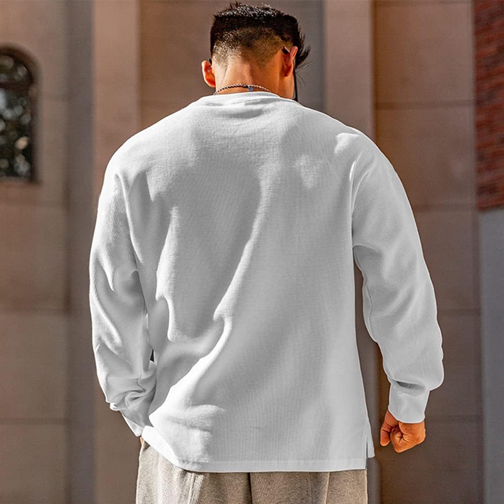 Muscle Alive Basic långärmad våffeltröja för män lös passform träning pullover rund hals skjorta