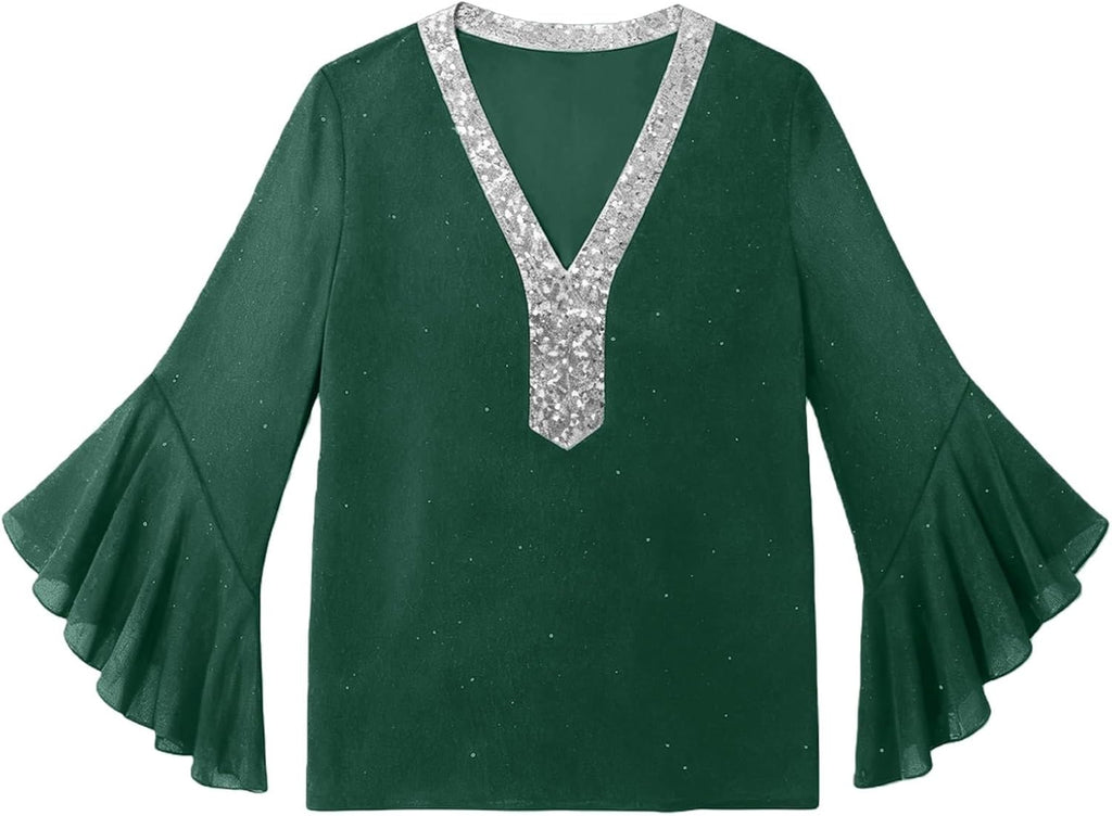 Glittrig festtopp för kvinnor, V-ringad, 3/4, utsvängd ärm, elegant, lös passform, paljett, blus, för kvällsklubb, cocktail, utekväll
