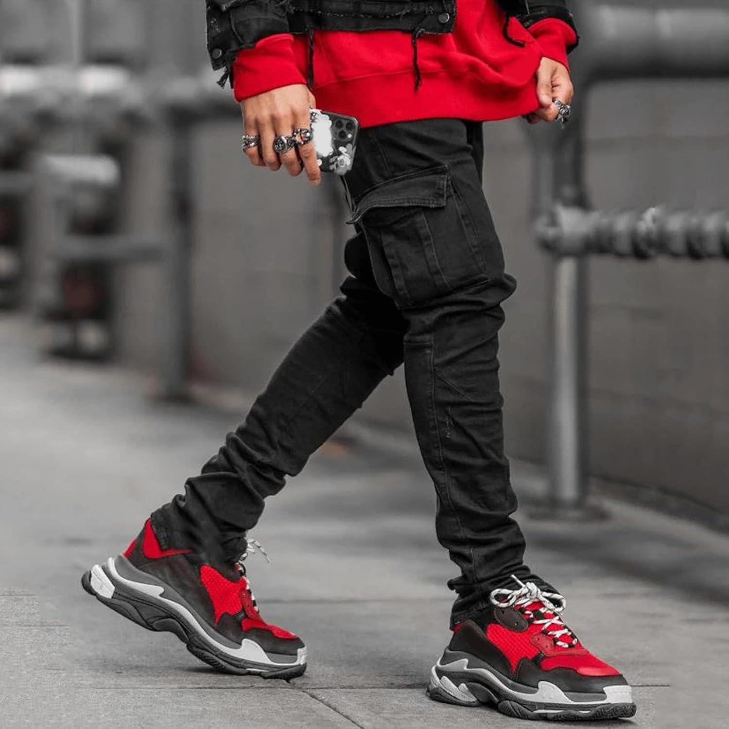 Herrjeans, stretchbyxor med raka ben, slim fit, stretchiga denim, byxor för män, slim fit, cargobyxor, techwear, svart