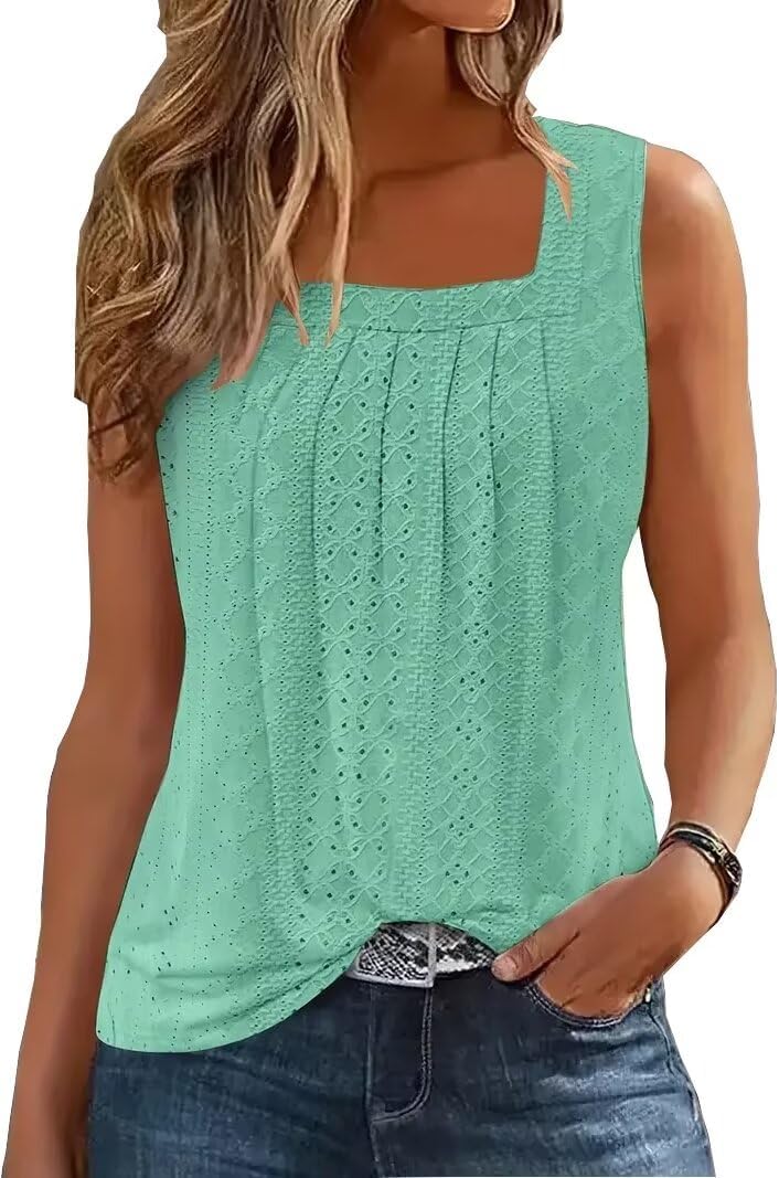 AIMITAG Färgblock veckad fyrkantig krage linne kvinnor randig tank t-shirt sommar ledig lös passform ärmlös skjorta