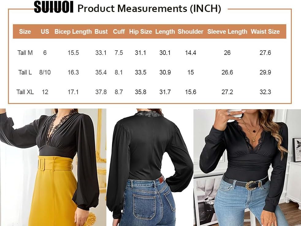 Dambody med spetsärmar, bodysuit djup V-ringning, spetstrimma, långärmad, chic, spetstopp, med spets, rygglös skjorta, stickad topp, elegant blus, topp, body skulptur