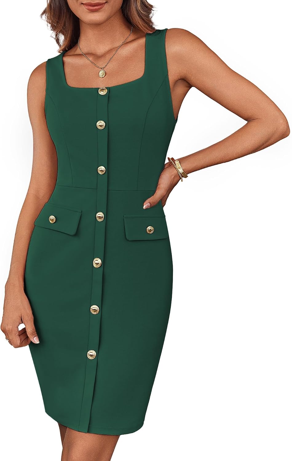 GRACE KARIN cocktailklänning för kvinnor, elegant klänning, ärmlös, fyrkantig hals, knapp, bälte, affär, arbete, kontor, formell klänning, wrap klänning, bodycon miniklänning med bälte