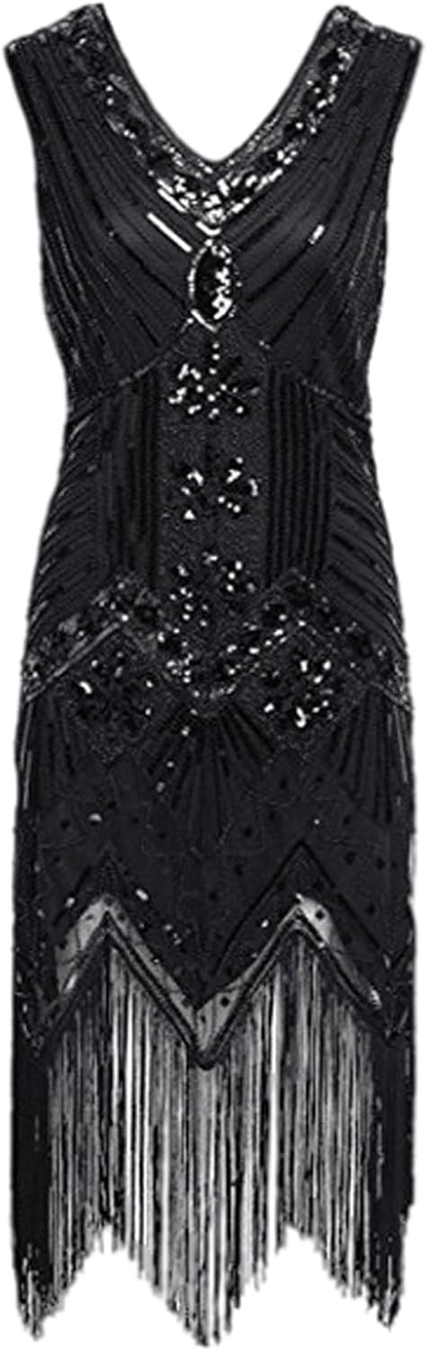 Hahaemma 1920-tals-vintageklänning, flapper-/charleston-klänning, Great Gatsby, med paljetter, tofsar och fåll, som examensbalklänning, aftonklänning, cocktailklänning eller kostymklänning