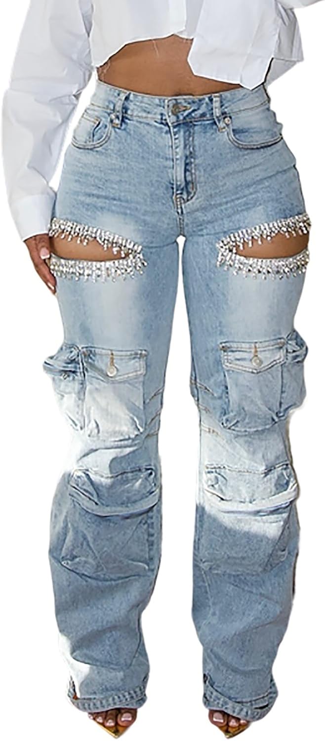 Kvinnor Baggy Ripped Jeans Strass High Waisted Cargo Jeans med Lockfickor Y2k Byxor med Vida Ben Streetwear Ripped Raka Jeans Sexiga Trendiga Jeans