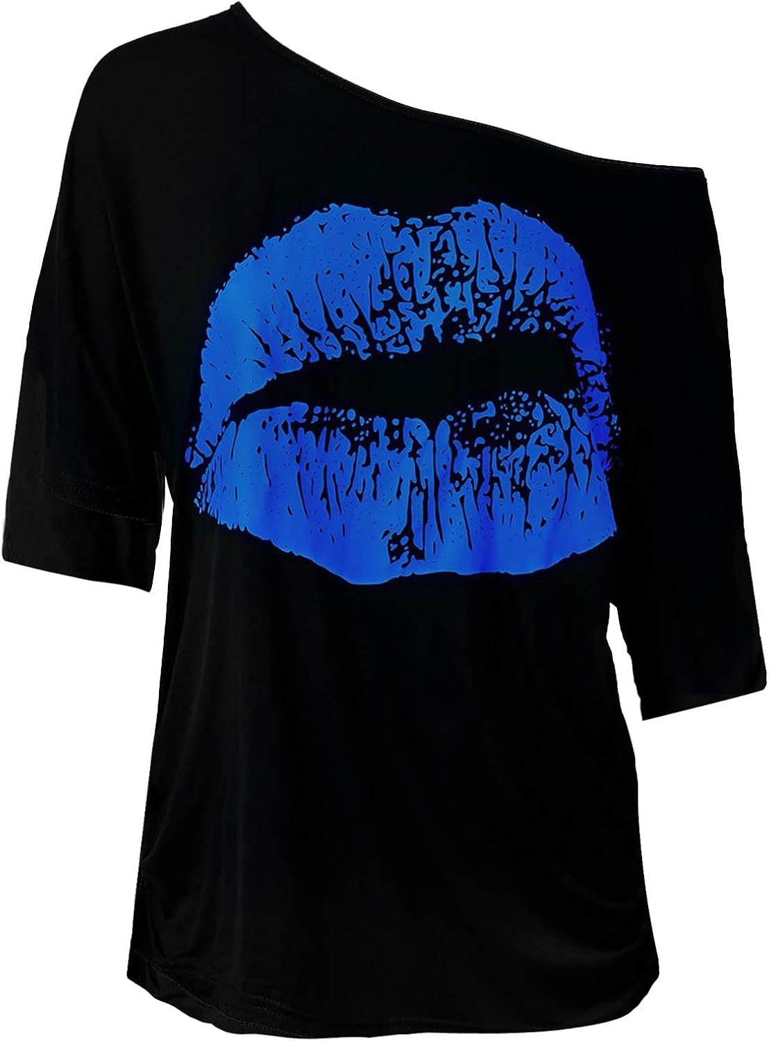 Dam vardaglig axellös nostalgisk stort läpptryck 80-tals kläder kvinnors axel ärm t-shirt topp träning lösa toppar kvinnor