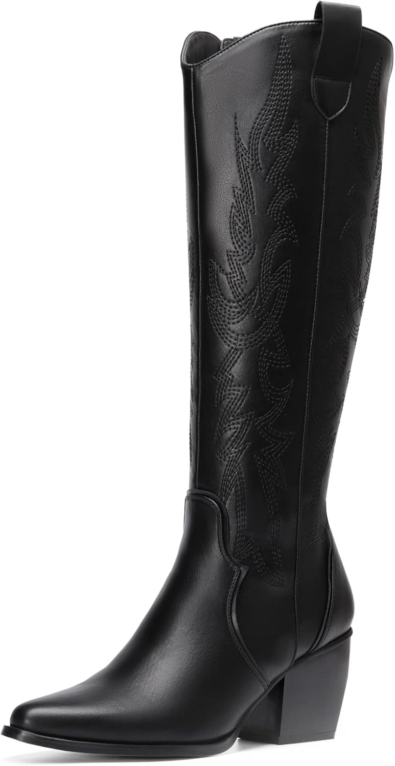 DREAM PARIRS Cowgirl stövlar bekväma dra på dragkedja tjock häl spetsig tå broderad western cowgirl knähöga stövlar flickor damer retro hög stövel